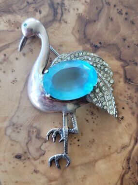 Vintage Sterling & Rhinestone Jelly Belly Flamingo Brooch